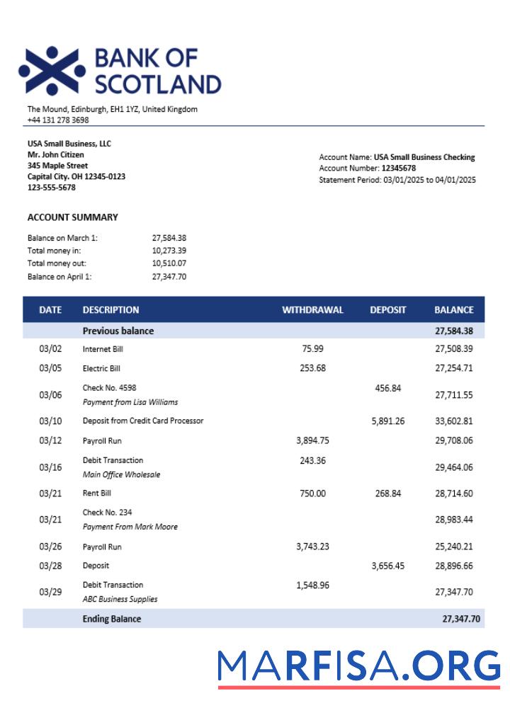 Printable United Kingdom Bank of Scotland business checking account statement Word and PDF template